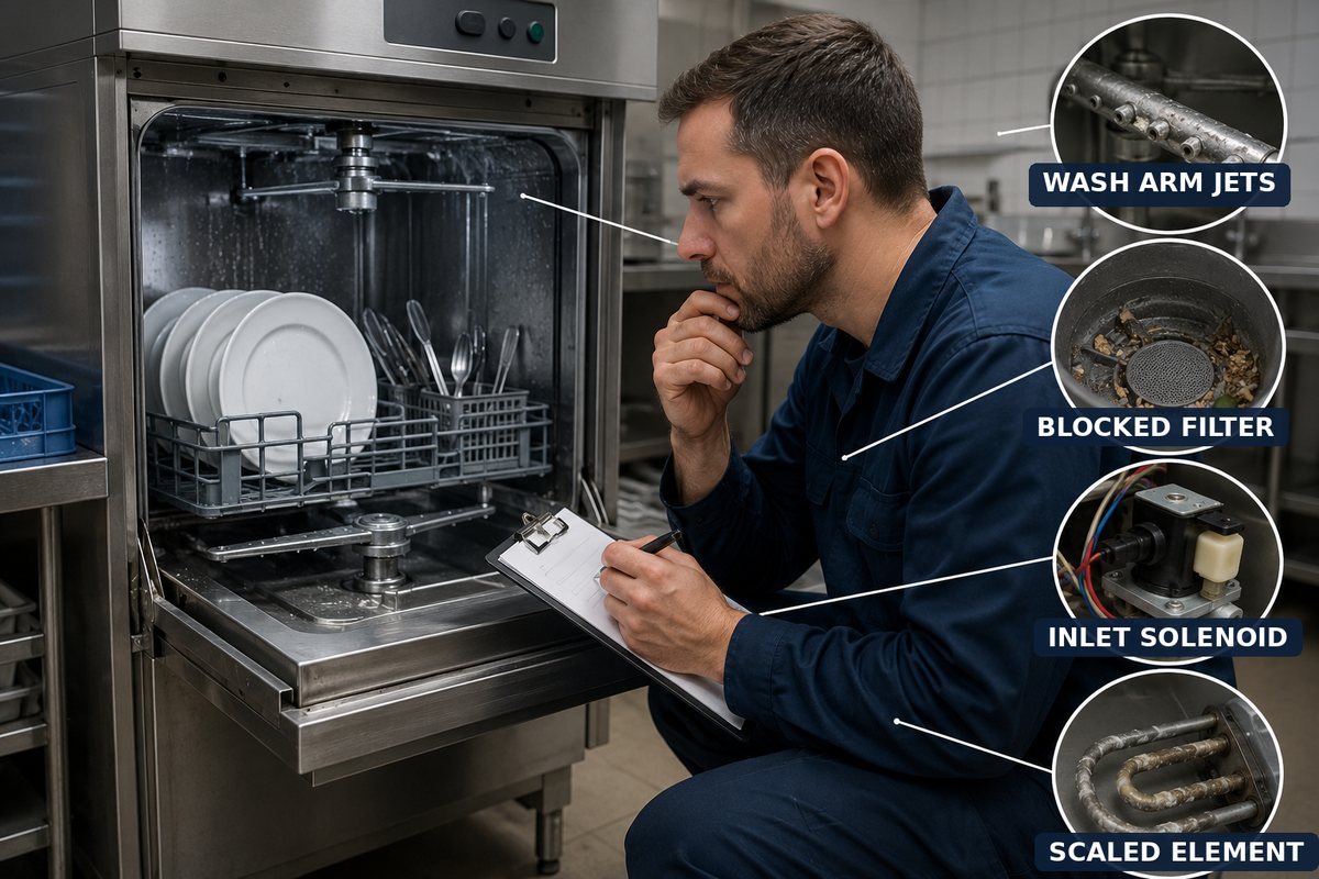Catering engineer diagnosing a commercial dishwasher that is not cleaning crockery, Kent