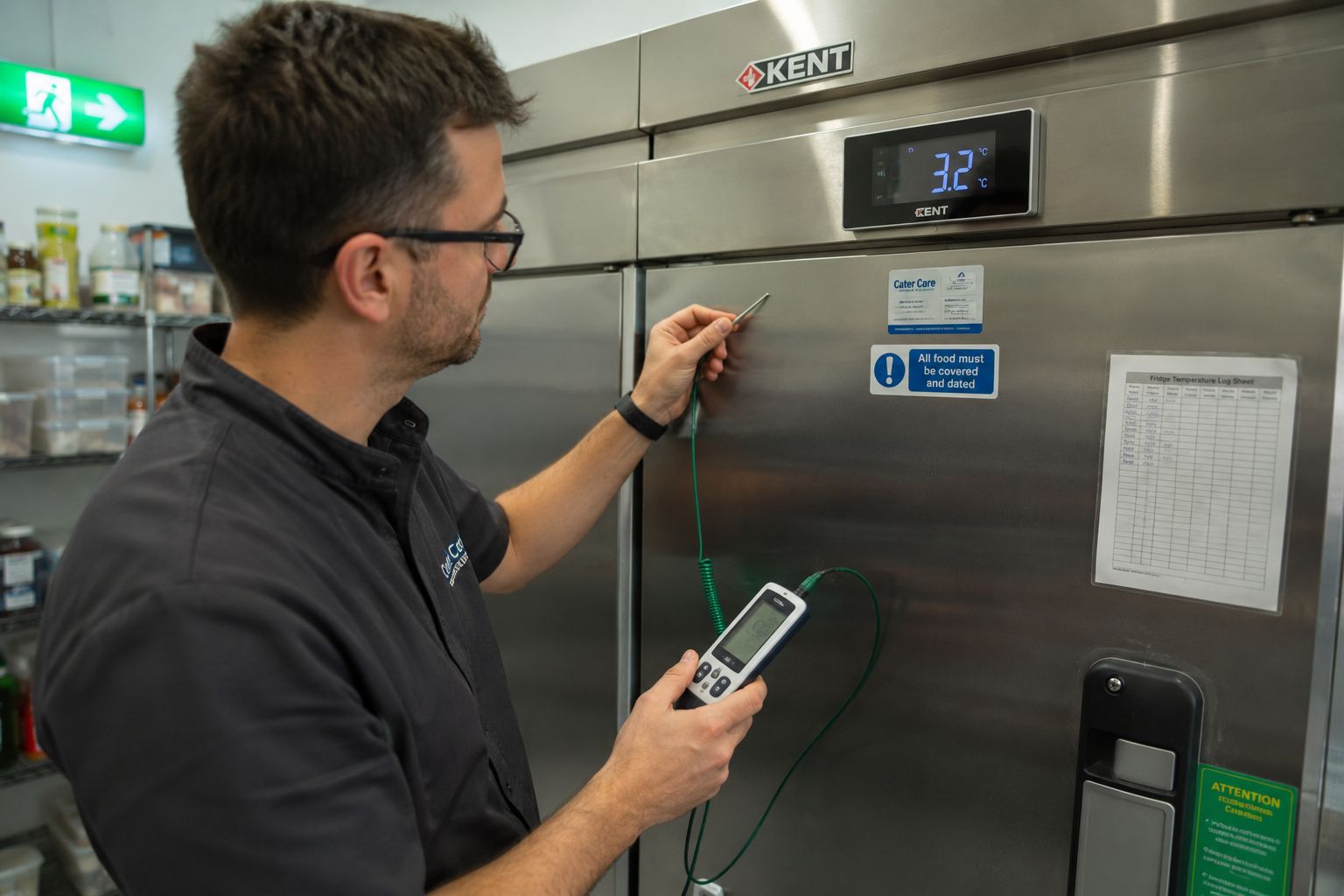 Engineer checking the digital temperature display on a commercial walk-in fridge in a Kent kitchen