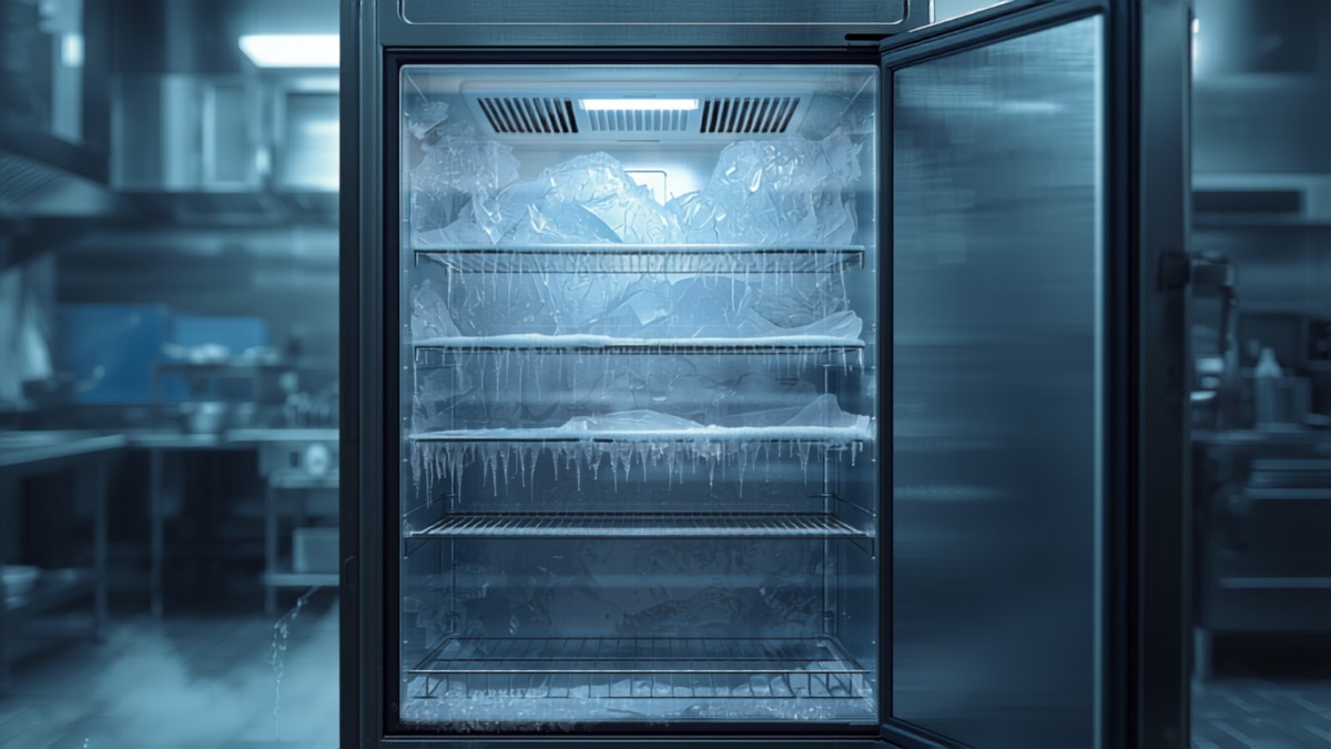 Single door commercial upright freezer with the door open and the interior iced up, Kent