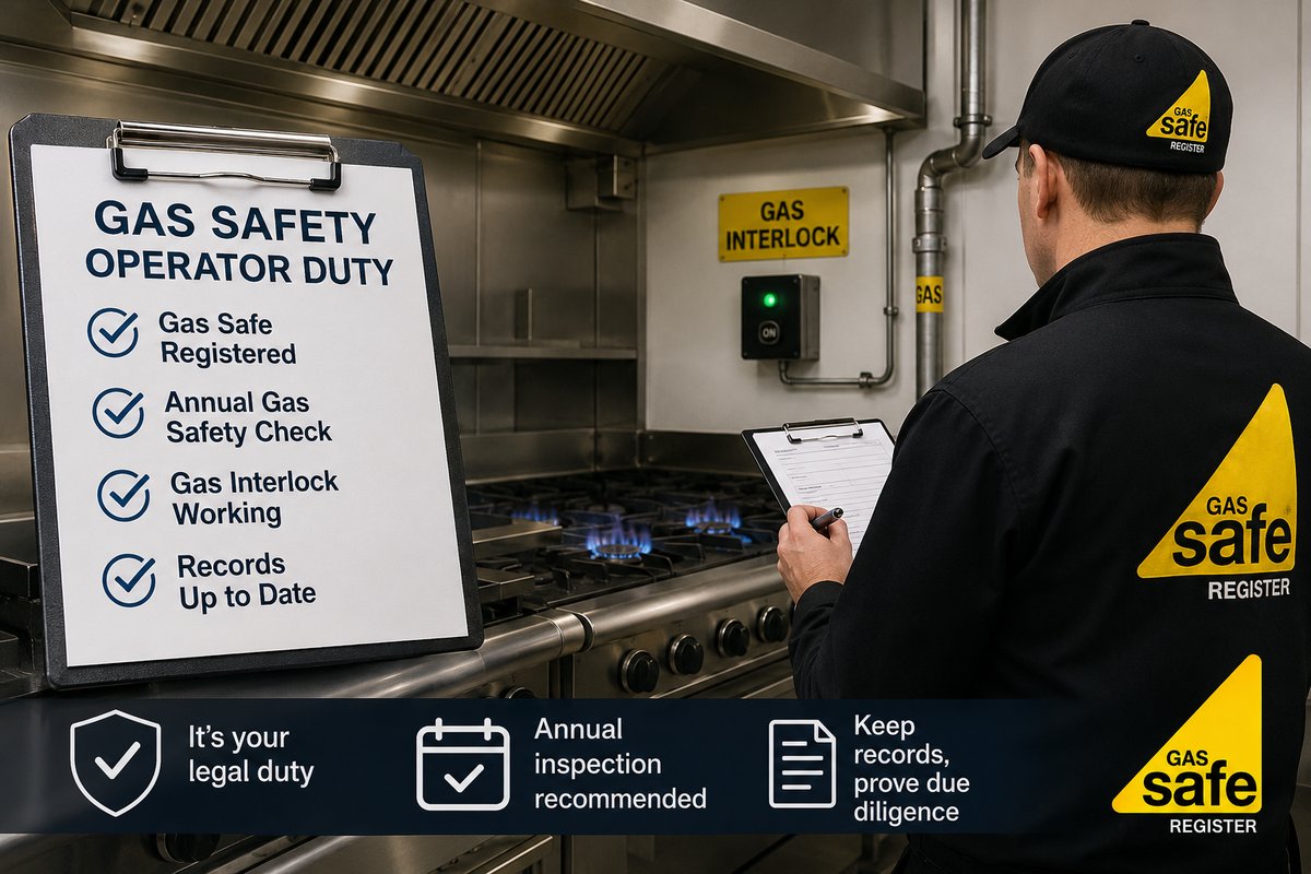 Gas Safe registered engineer completing a gas safety operator duty checklist next to a commercial kitchen gas interlock, Kent