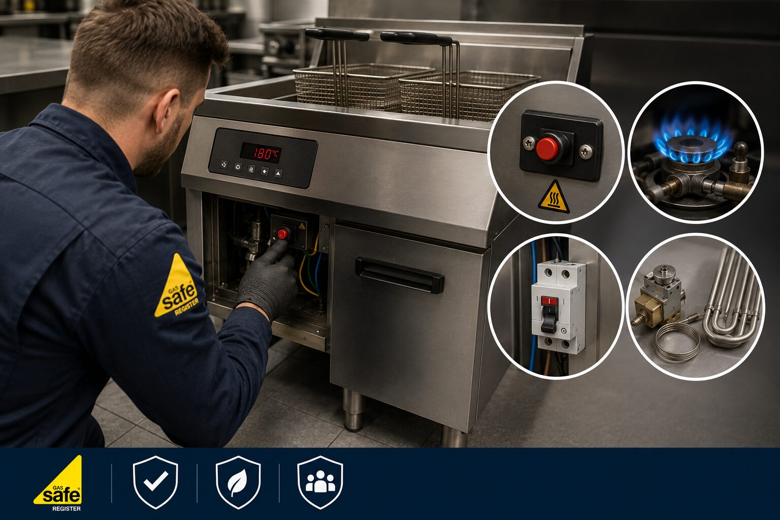 Gas Safe engineer resetting the high-limit cut-out on a commercial fryer, Kent