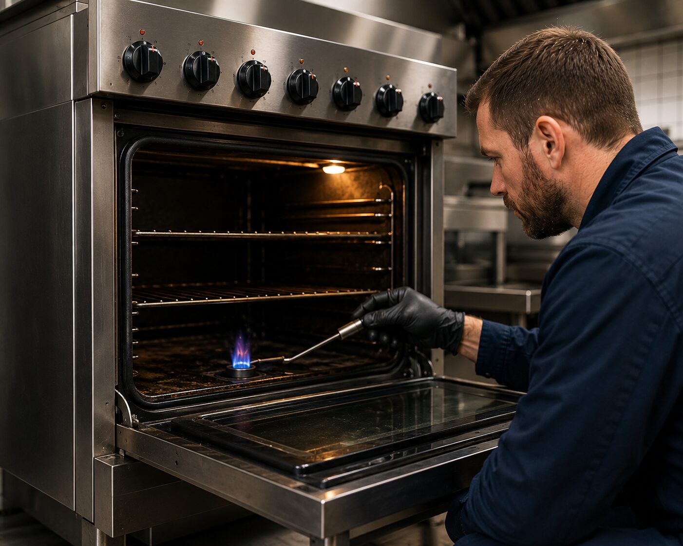 Gas Safe engineer inspecting the burner and ignition electrode of a commercial gas oven, Kent