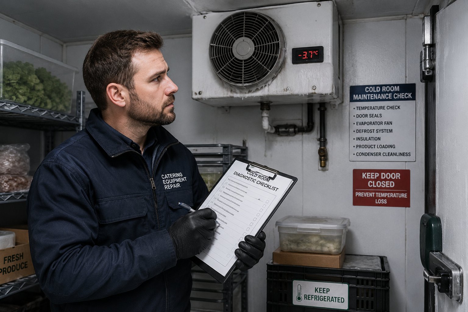 Engineer checking a walk-in cold room temperature display with a diagnostic checklist, Kent