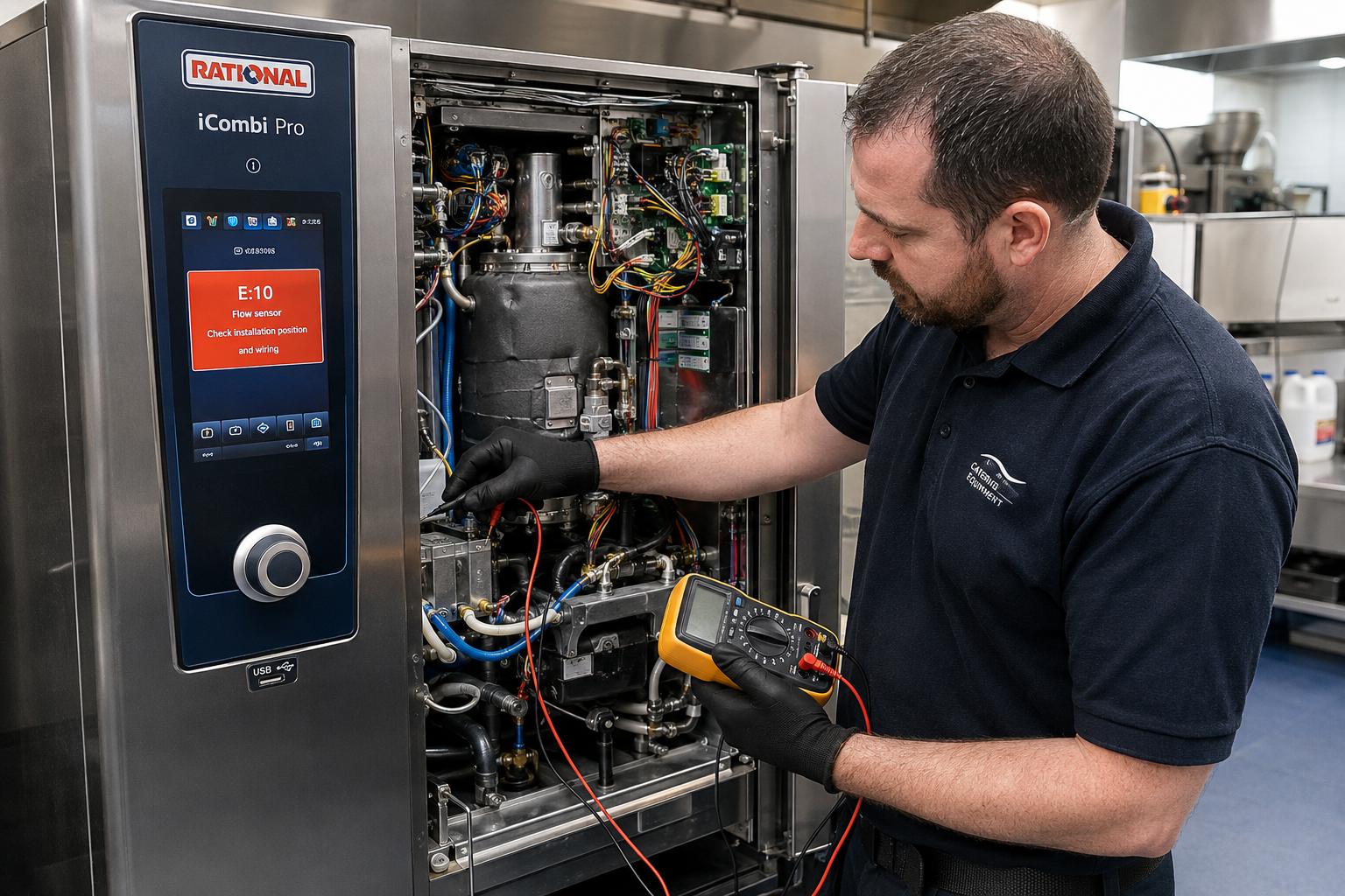 Engineer testing the water flow sensor on a Rational iCombi Pro combi oven showing an E:10 flow sensor fault, Kent