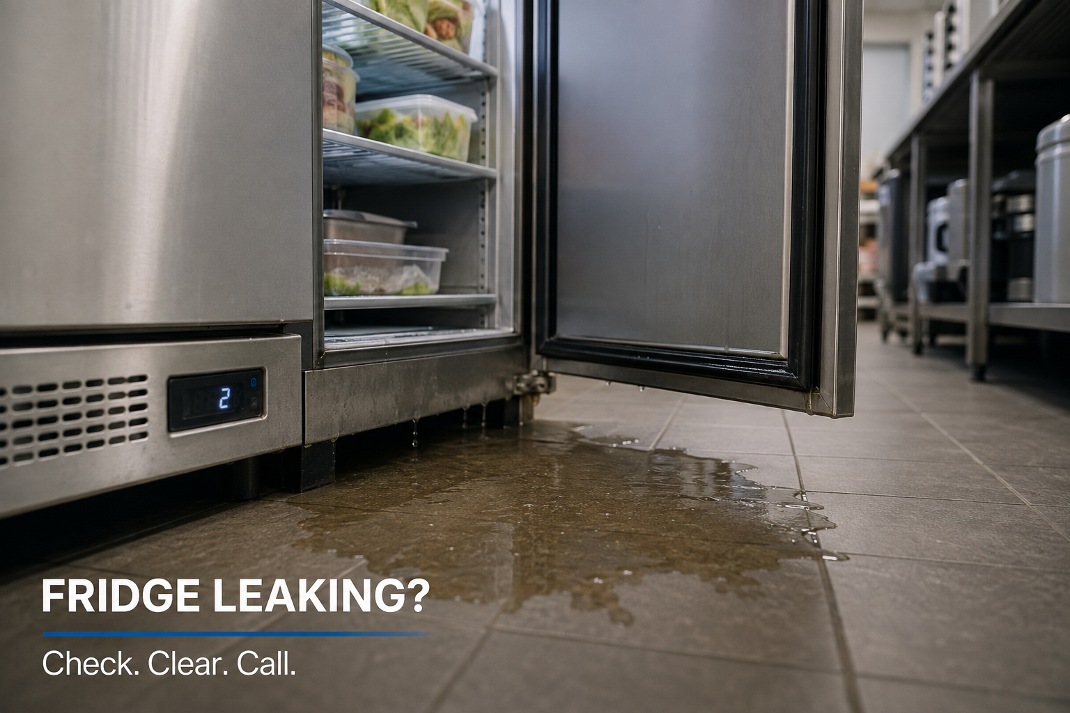 Commercial fridge with water pooling inside and leaking underneath on a kitchen floor, Kent
