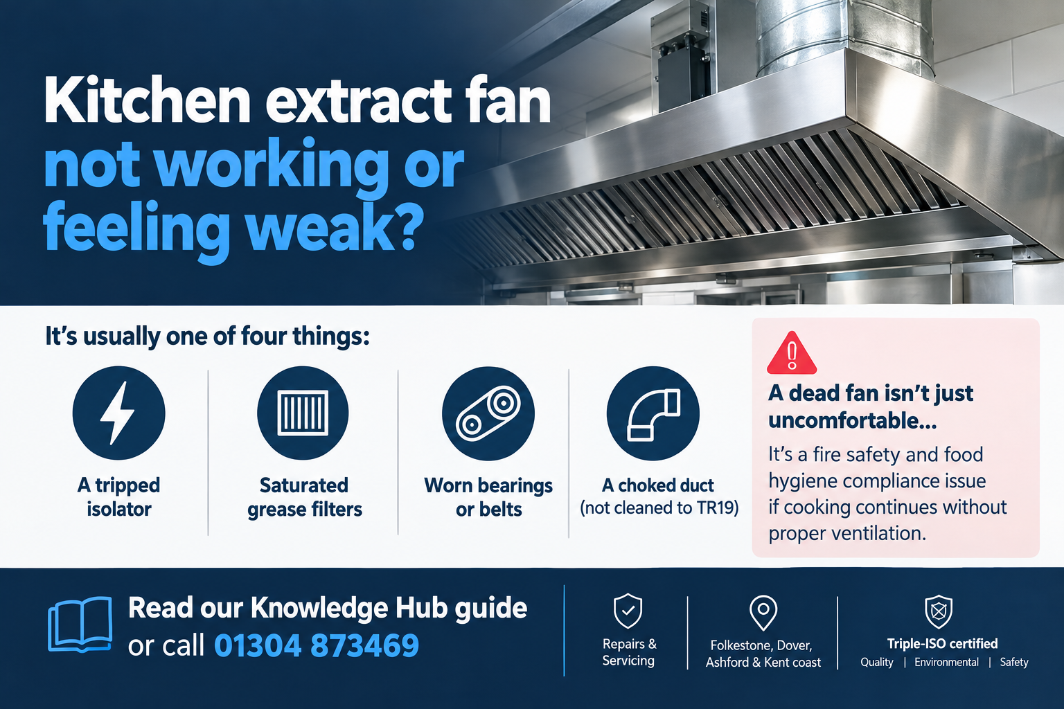 Engineer inspecting a commercial kitchen extract fan showing weak extraction, Kent