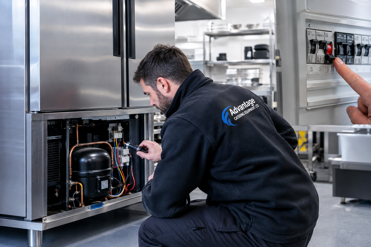 Engineer inspecting an electrical fault on a commercial fridge or freezer that keeps tripping the breaker, Kent