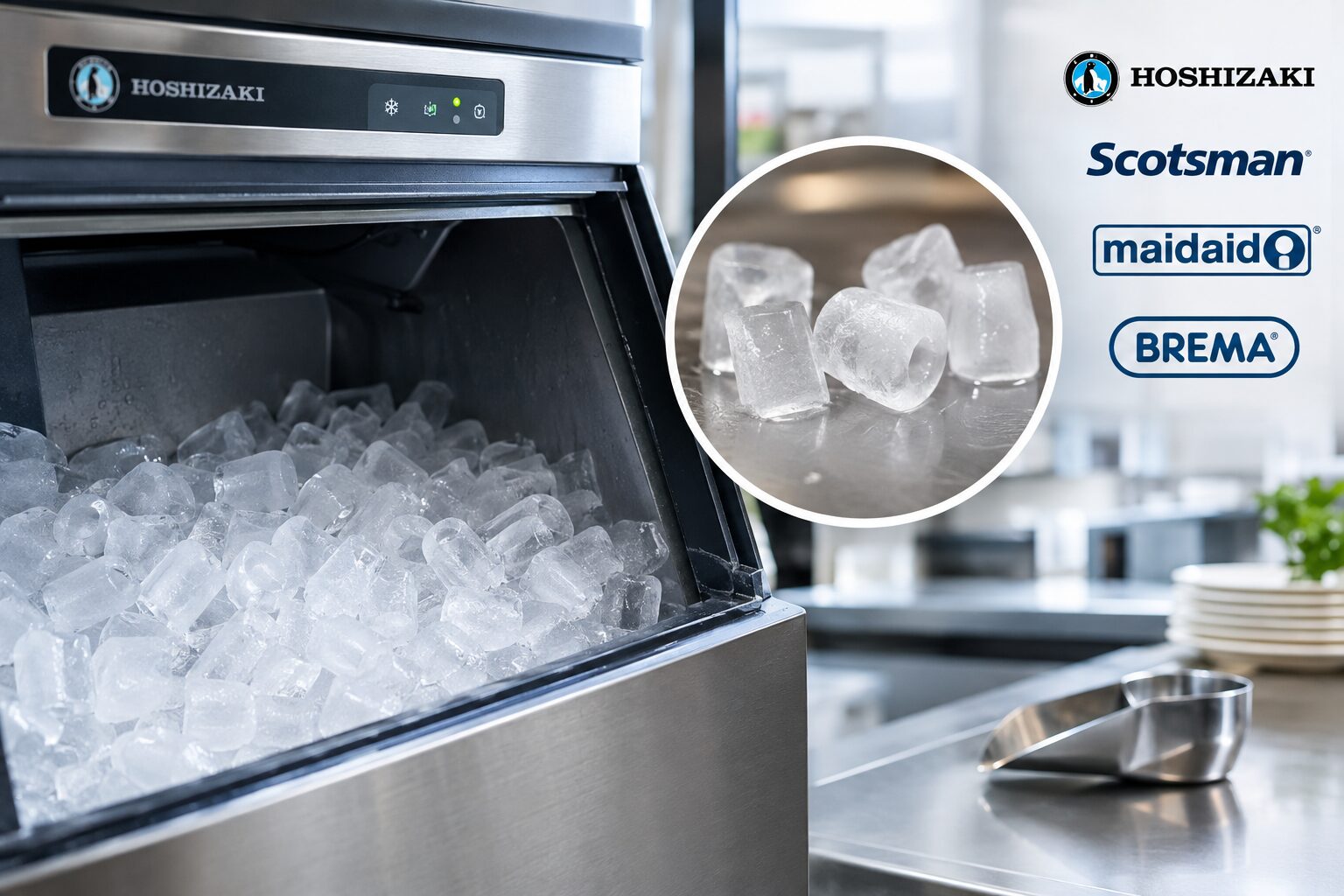 Hoshizaki commercial ice machine producing small hollow cloudy ice cubes, Kent